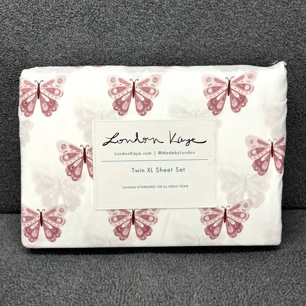 London Kaye TWIN XL Sheet Set White Pink Butterfly 4pc‎